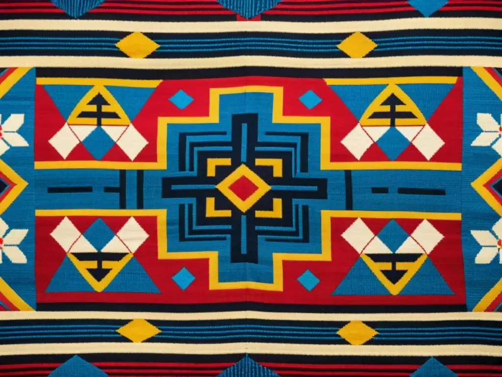 Detalles vibrantes de un textil peruano vintage con patrones espirituales en objetos cotidianos