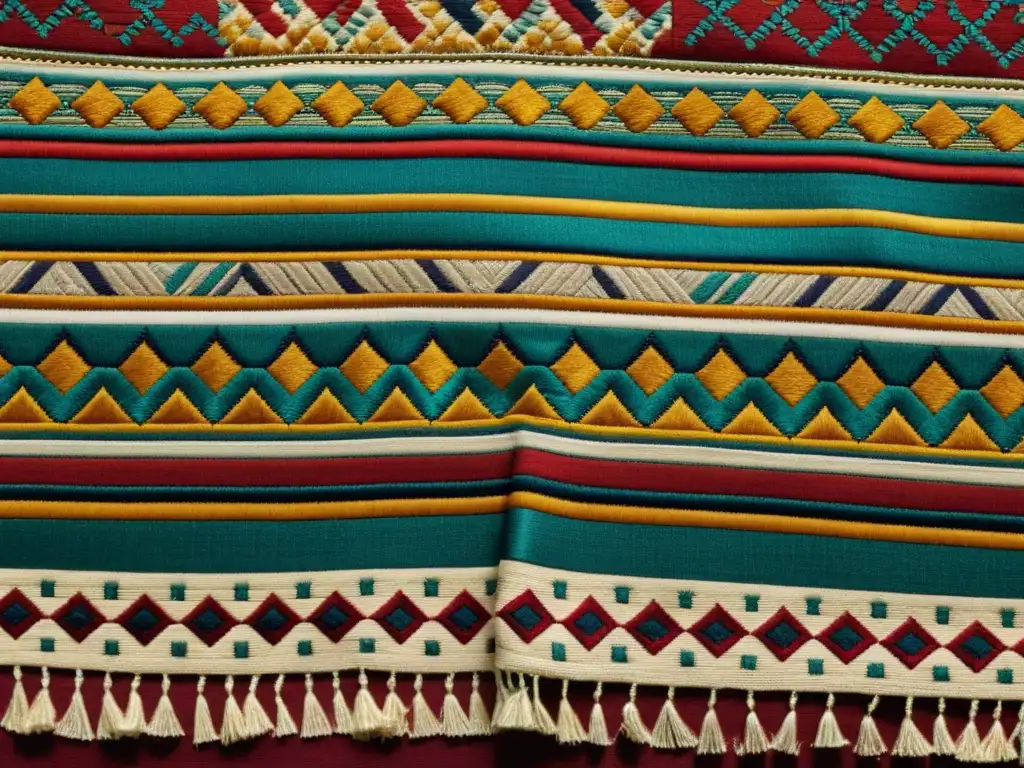 Detalles vibrantes de un textil vintage con patrones culturales en intercambios estudiantiles, resaltando la artesanía y diversidad cultural