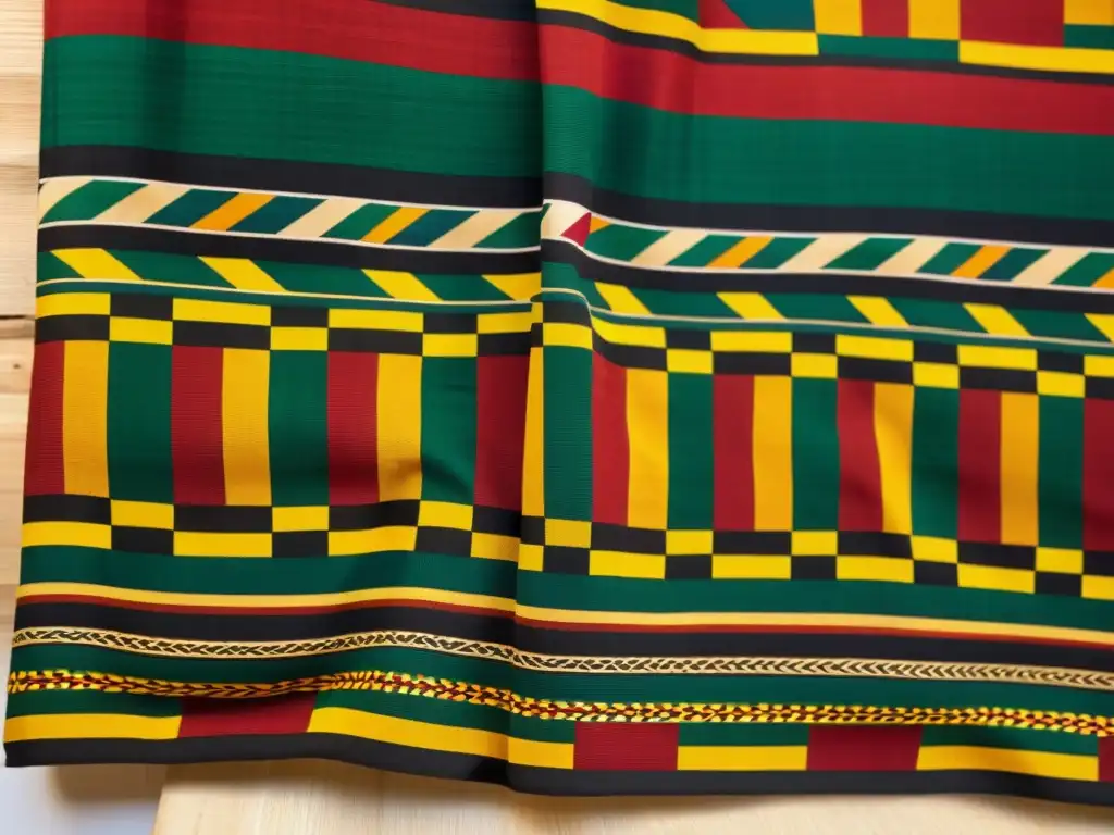 Detalles vibrantes del diseño tribal patrones africanos en Kente cloth de Ghana, en tonos rojos, dorados, verdes y negros, sobre maniquí de madera