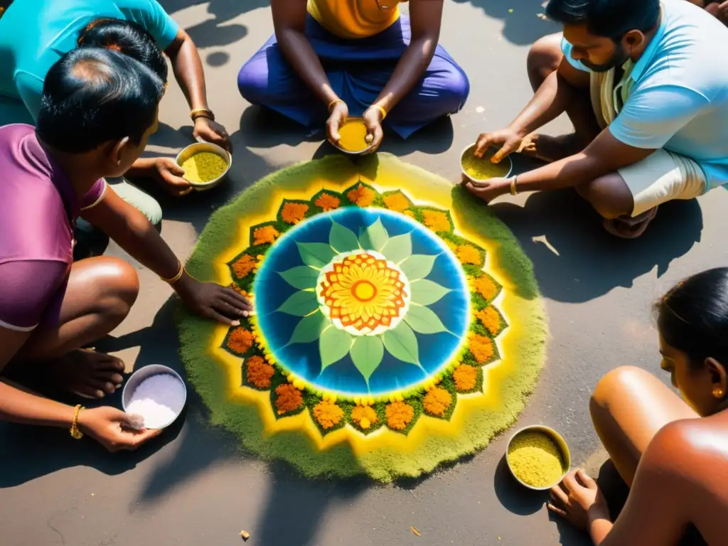 Devotos crean mandalas coloridos con polvos durante el festival Thaipusam