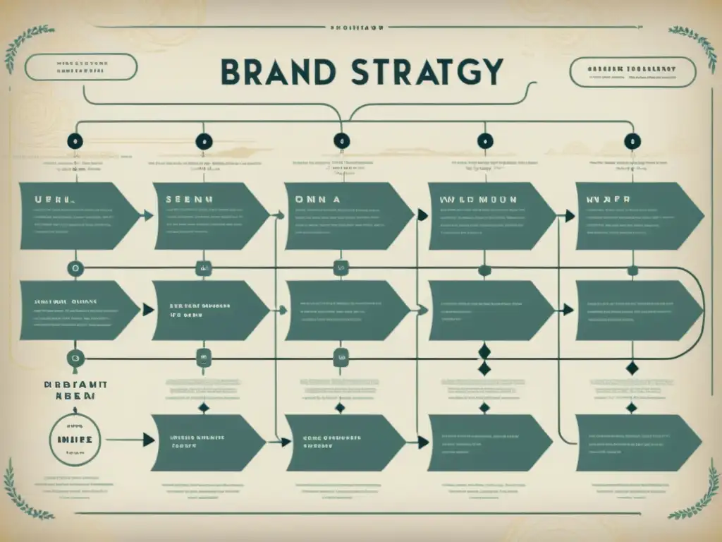 Un diagrama de flujo detallado y vintage con patrones artísticos en marketing minimalista, en tonos suaves y elegantes