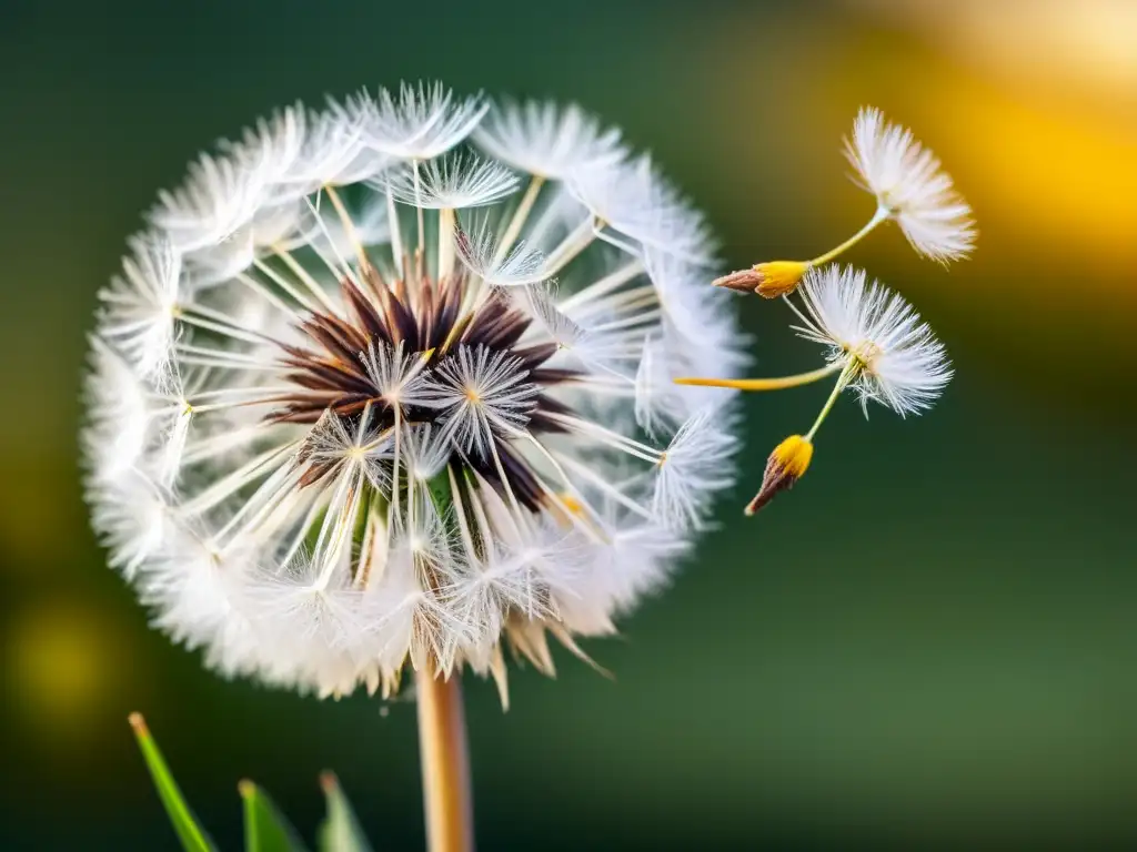 Diente de león soltando sus semillas al viento en un cálido brillo, destacando la belleza natural de los patrones de dispersión de semillas