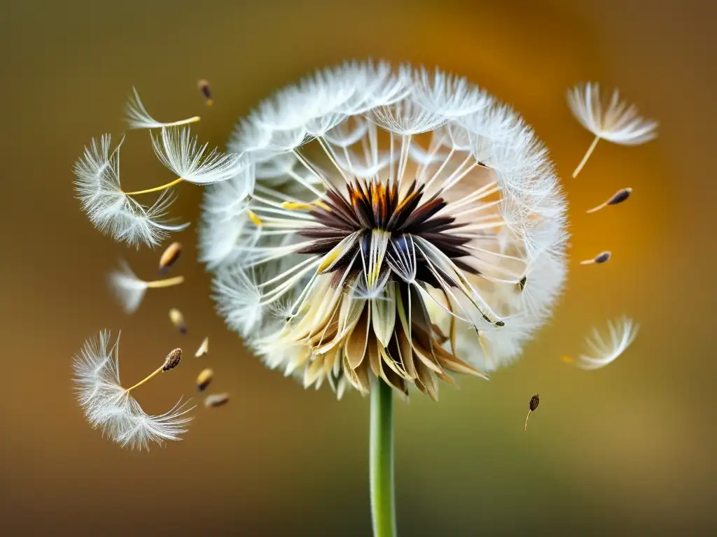 Un diente de león libera sus semillas al viento, con patrones de dispersión de semillas y una atmósfera cálida y cautivadora