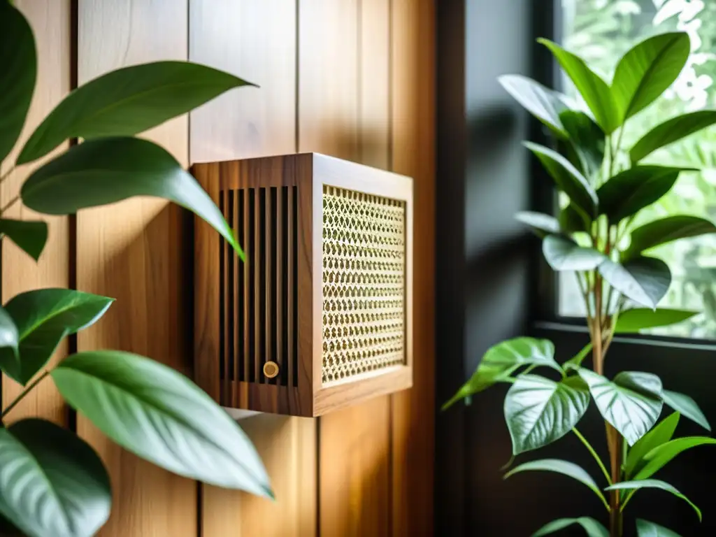 Un difusor de sonido de madera vintage rodeado de plantas, irradiando elegancia atemporal