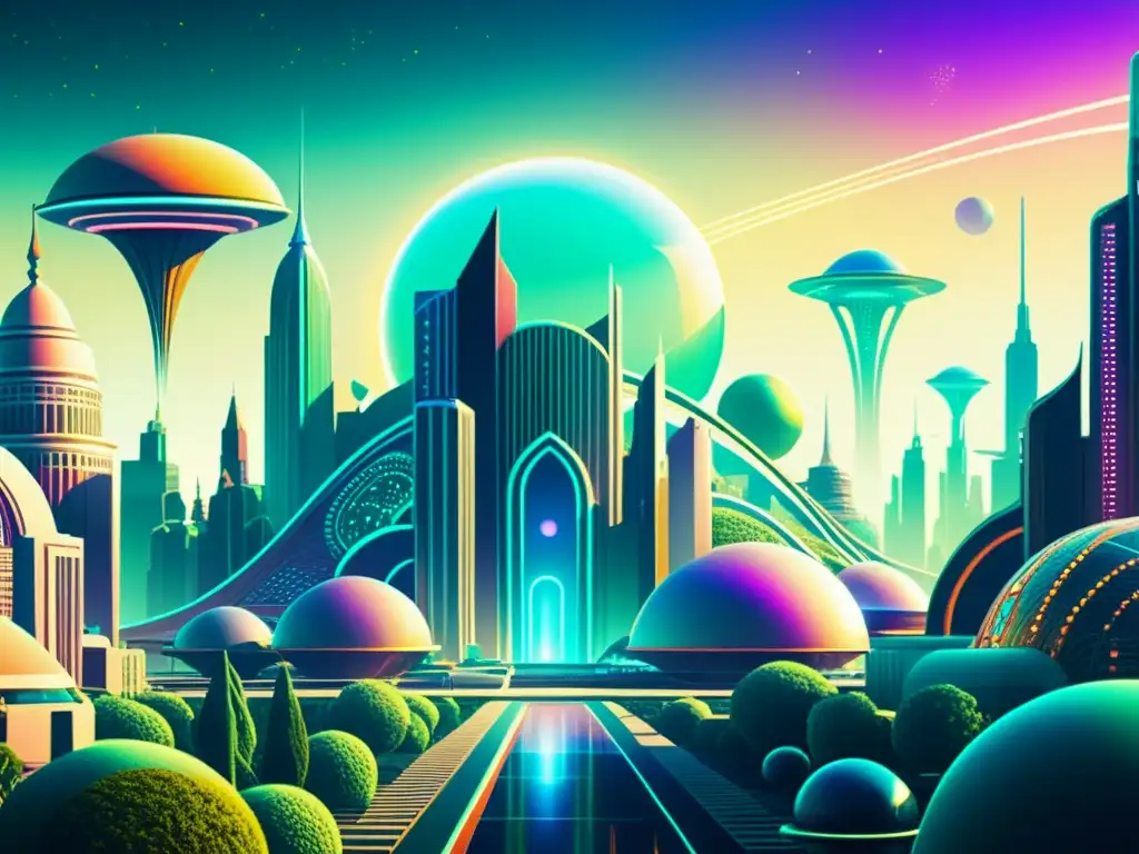 Una ilustración digital de estilo vintage de una ciudad futurista alienígena con patrones artísticos culturas extraterrestres y colores vibrantes