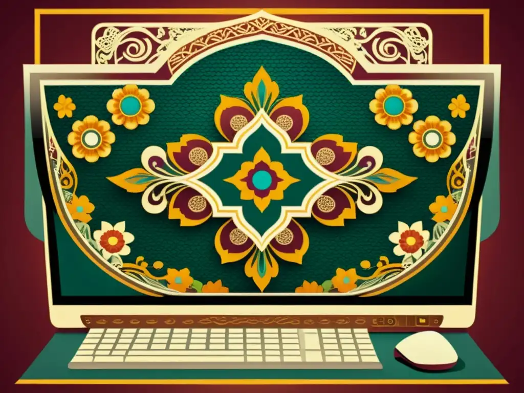 Una ilustración digital de estilo vintage muestra un patrón lujoso y detallado emergiendo de una pantalla de computadora, fusionando elementos tradicionales ornamentados con tecnología digital moderna