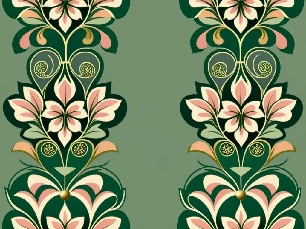 Una ilustración digital vintage con patrones artísticos para marcas digitales en tonos de rosa, verde y dorado antiguo, evocando elegancia atemporal