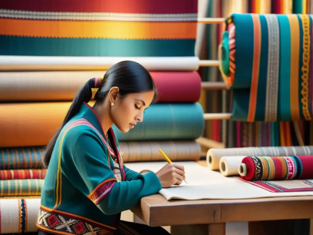 Diseñador contemporáneo encuentra influencia en los tejidos incas para su colección, rodeado de colores y patrones vibrantes