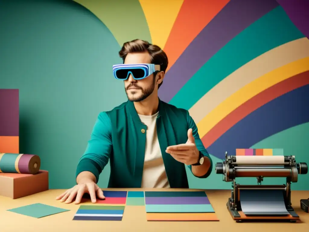 Un diseñador con gafas de realidad aumentada mezcla elementos digitales y físicos en un taller vintage