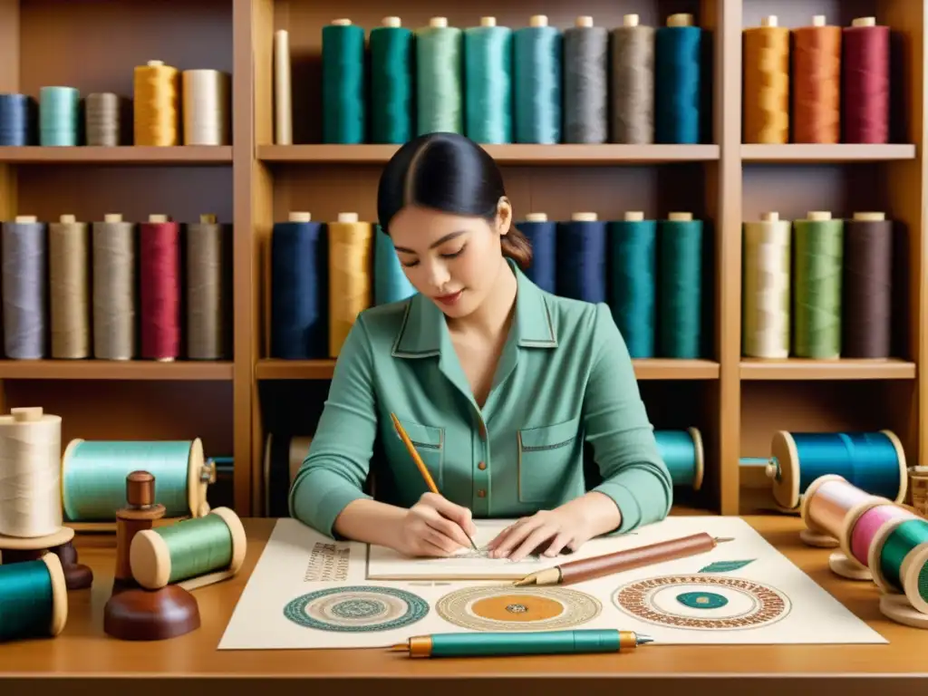 Un diseñador dibuja intrincados patrones con pluma en un estudio vintage, rodeado de hilos, libros y prendas