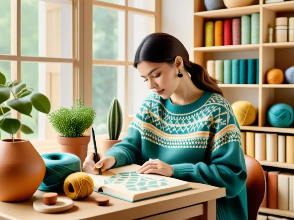 Un diseñador crea meticulosos patrones escandinavos en un estudio acogedor y soleado, evocando creatividad artesanal