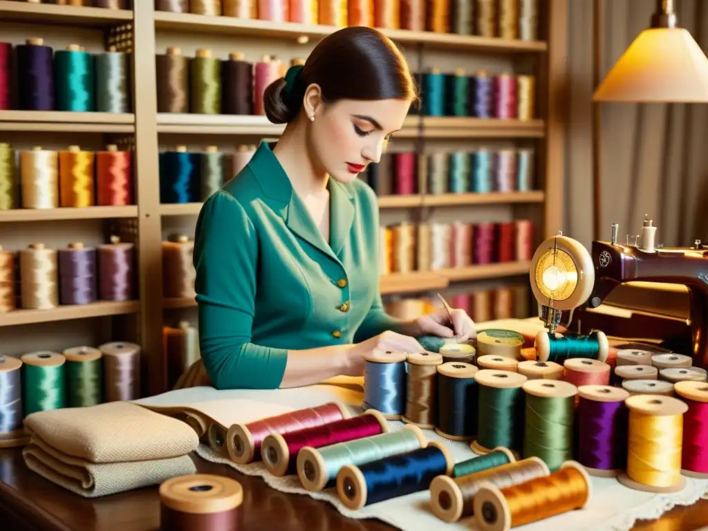 Un diseñador de moda trabaja con pasión entre hilos de colores y telas, evocando la artesanía y la creatividad en diseño de moda textil