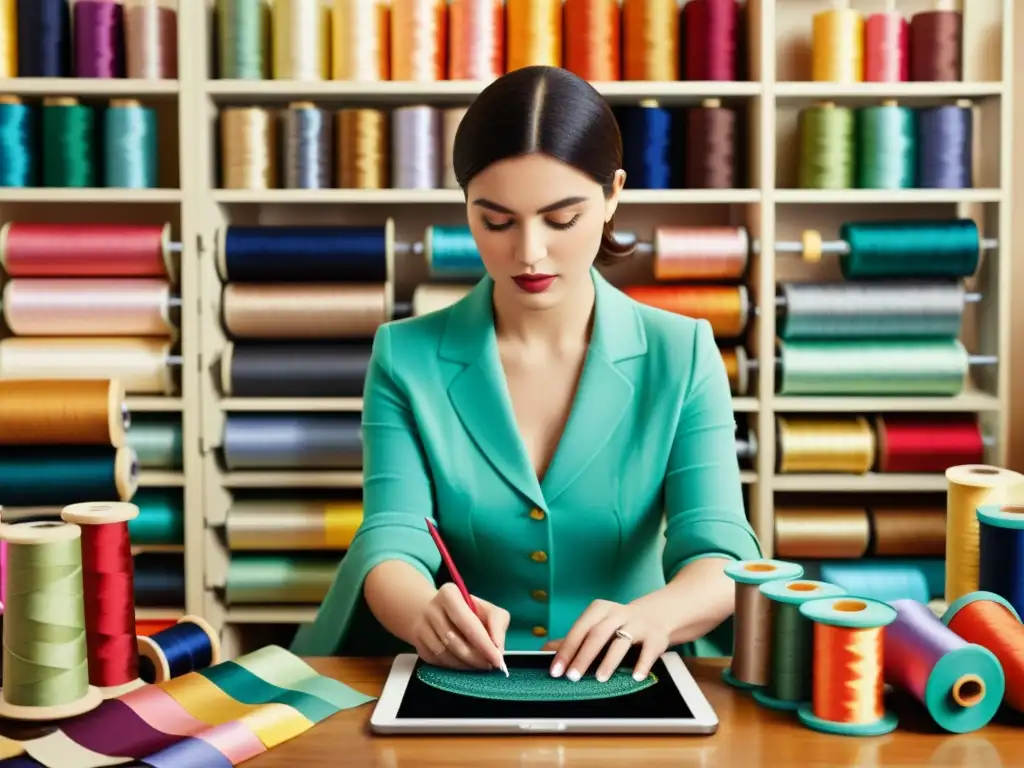 Diseñador de moda creando patrones digitales con estilo vintage Un diseñador de moda crea patrones publicitarios, fusionando tradición e innovación en la evolución de la moda