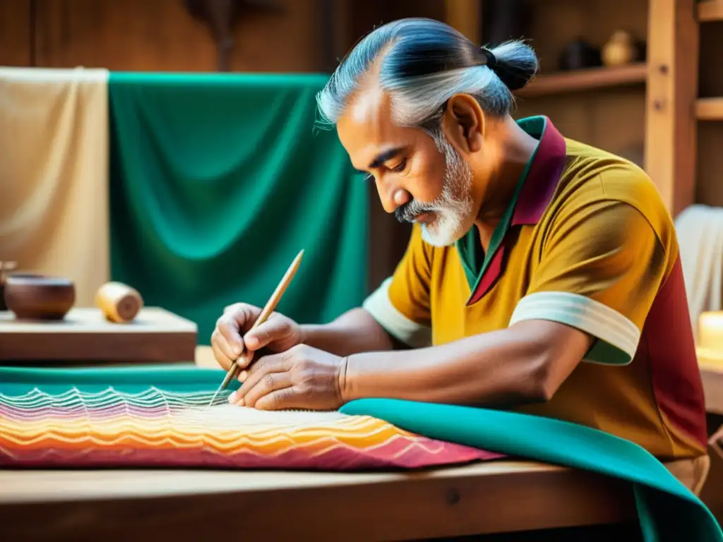 Diseñador de patrones culturales certificados bordando con hilo de colores en su taller de madera, evocando la herencia artesanal