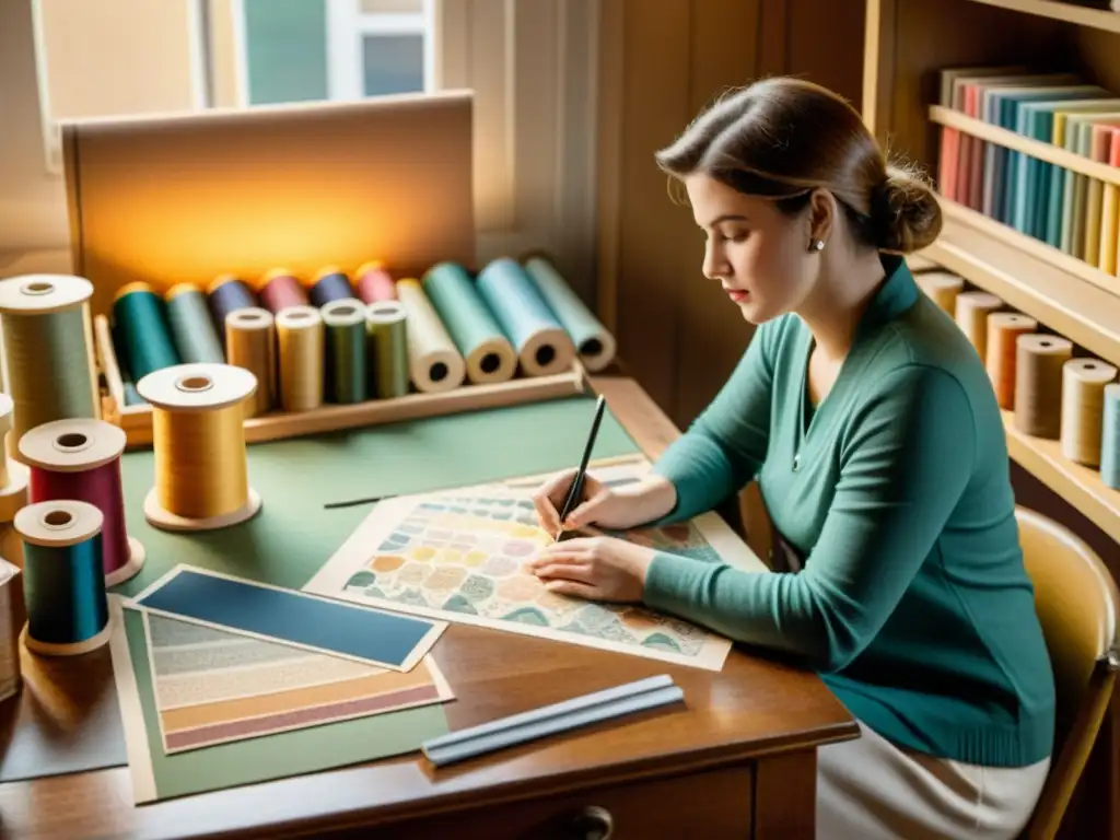 Un diseñador de patrones textiles detallado trabaja en un estudio vintage rodeado de telas y máquinas de coser, evocando la artesanía del software de diseño de patrones textiles