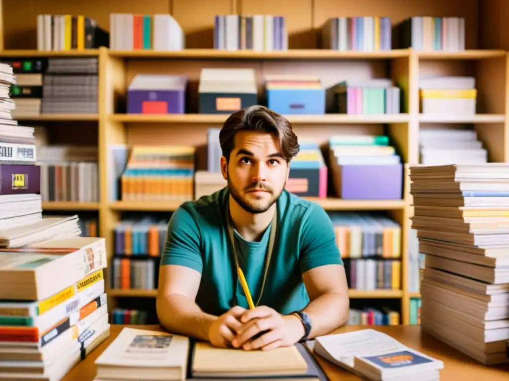 Un diseñador de videojuegos crea patrones rodeado de libros, cartuchos de juegos y pósters vintage