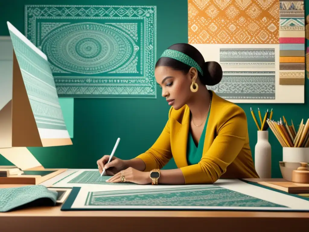 Diseñadora de moda concentrada en un patrón de diseño textil, rodeada de herramientas digitales y telas, evocando elegancia atemporal y artesanía