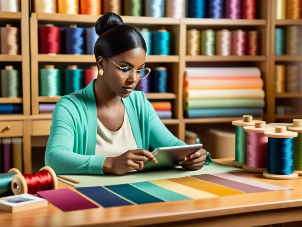 Una diseñadora de moda textil trabaja con aplicaciones imprescindibles en un escritorio vintage con hilos de colores y tejidos