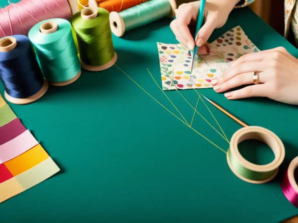 Una diseñadora de textiles trabaja con meticulosidad en un patrón, rodeada de hilos de colores y telas