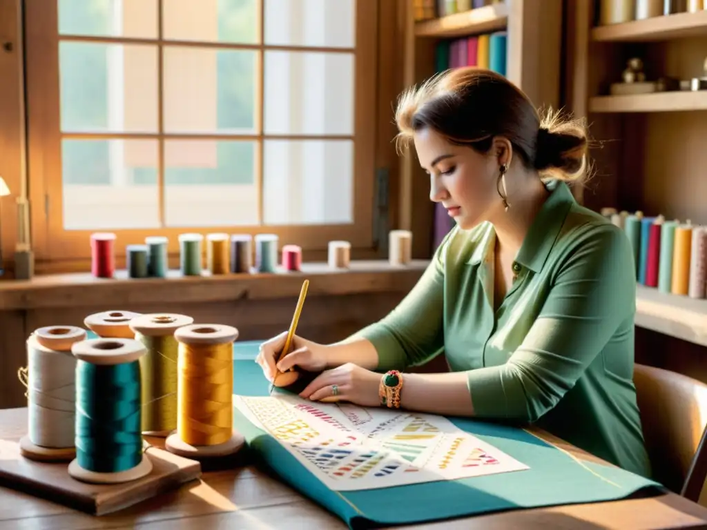 Una diseñadora de textiles crea patrones en una interfaz de software, rodeada de hilos y telas