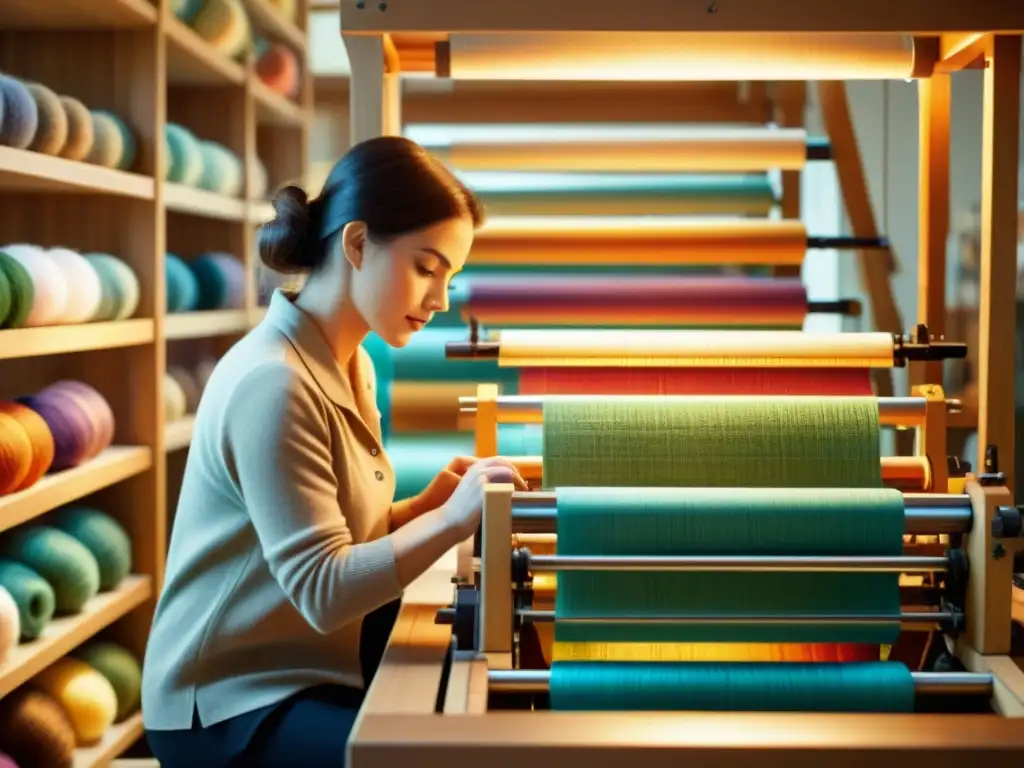 Una diseñadora de textiles pionera opera un telar para crear tejidos con patrones impresos en 3D, rodeada de hilos y bocetos innovadores