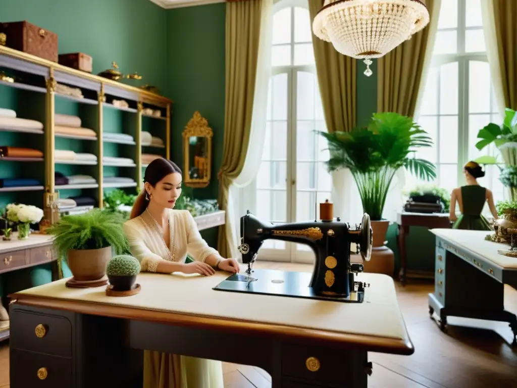 Diseñadores de moda en atelier de lujo creando patrones sustentables en un ambiente opulento con máquinas de coser antiguas y telas terrosas