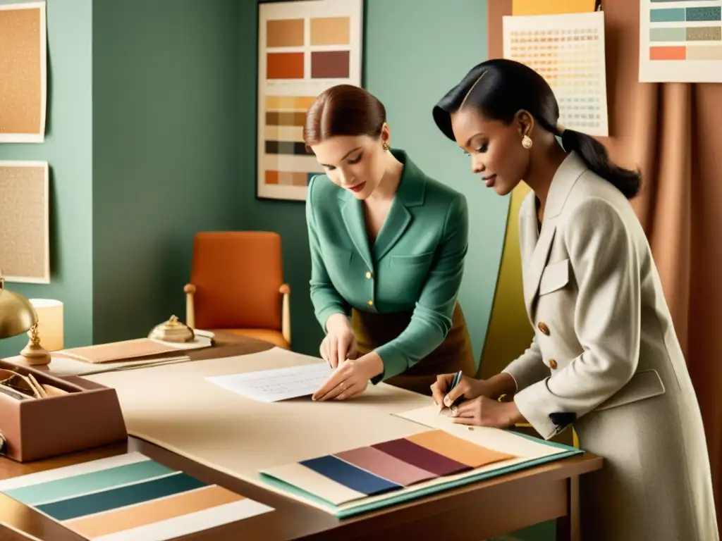 Dos diseñadores de moda colaborando en una elegante mesa de dibujo de mediados de siglo, rodeados de bocetos, muestras de tela y materiales de costura