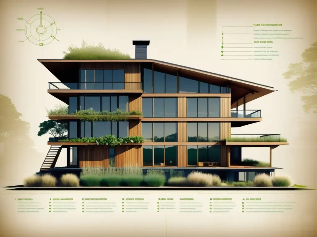 Diseño arquitectónico adaptativo climático: Detalle vintage de un plano arquitectónico con elementos sostenibles y climáticos integrados