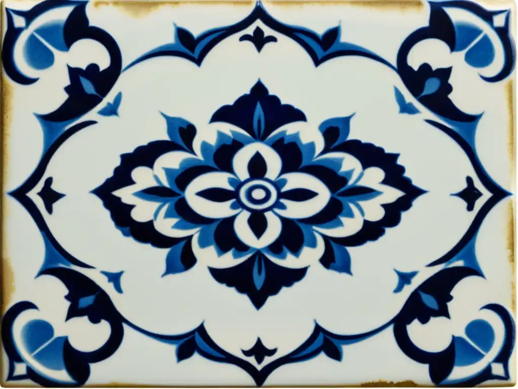 Un diseño de azulejo cerámico vintage con patrón simétrico de delicados motivos florales azules y blancos, bordes ornamentales y aspecto envejecido