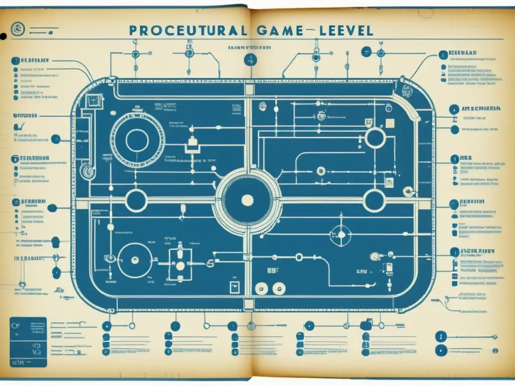 Diseño detallado de niveles en videojuegos procedurales: un blueprint vintage con anotaciones y técnicas de diseño procedural