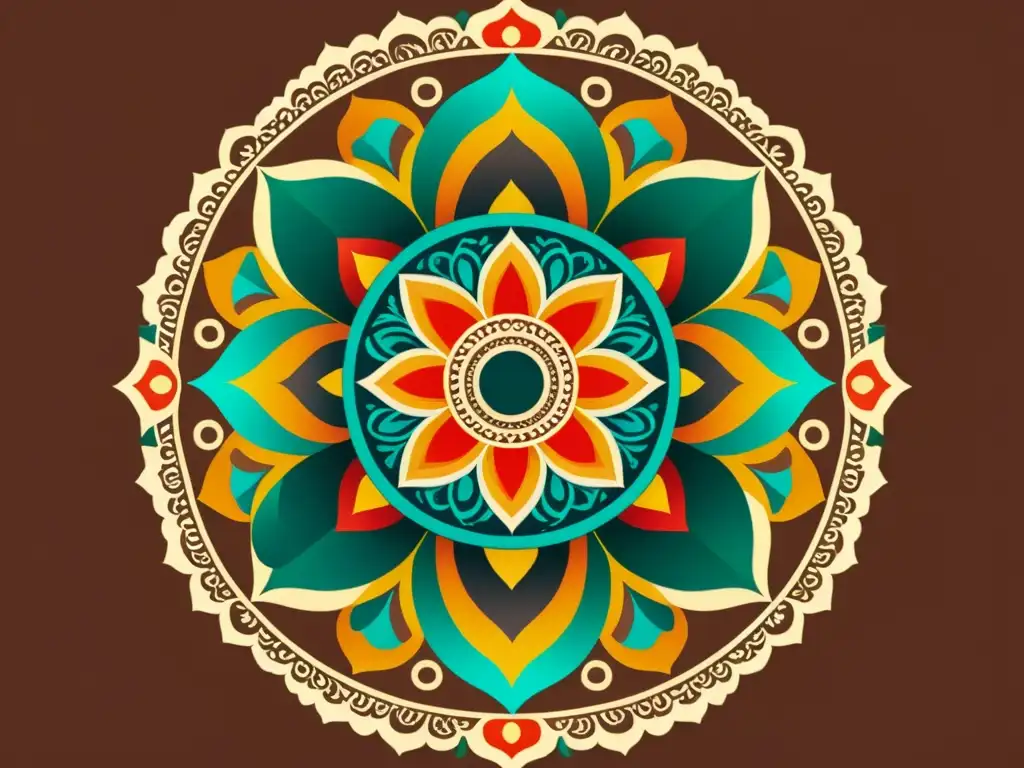 Un diseño digital vintage de alta resolución con un vibrante mandala de intrincados patrones y simbolismo