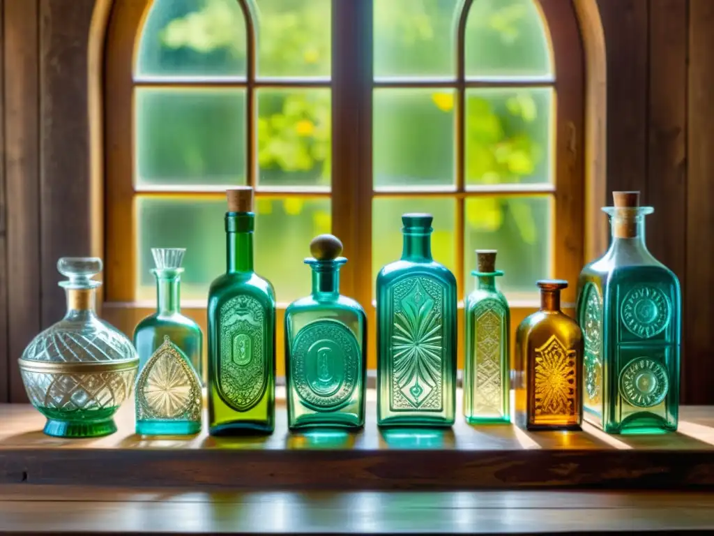 Diseño de envases con patrones artísticos: Colección de botellas antiguas con intrincados diseños en mesa de madera iluminada por el sol