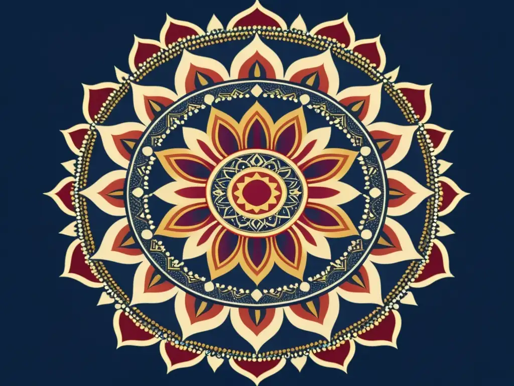 Diseño de mandalas esotéricos con motivos en indigo, oro y rojo rubí, evocando misterio y profundidad espiritual