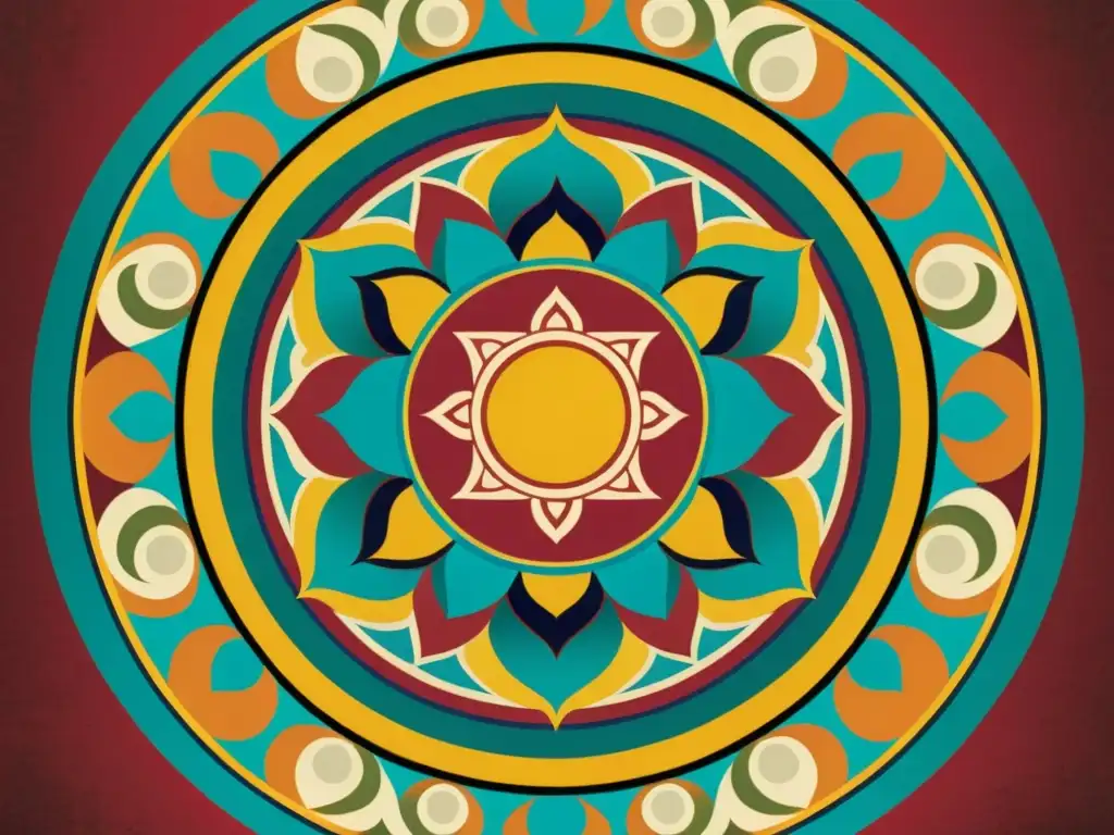 Diseño de mandalas esotéricos significado: Intrincado mandala tibetano vintage con vibrantes colores y simetría hipnótica