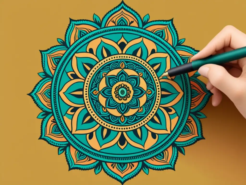 Diseño de mandalas espirituales online: Ilustración detallada de un mandala vintage dibujado a mano, con patrones vibrantes y líneas delicadas