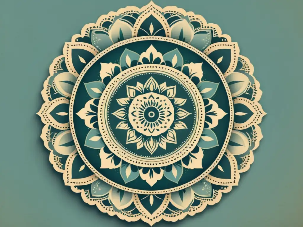 Diseño de mandalas espirituales online: Ilustración vintage detallada de un mandala sereno con motivos florales y formas geométricas en colores suaves y desgastados, emanando tranquilidad y profundidad espiritual