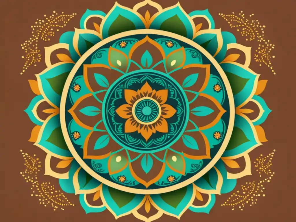 Diseño de mandalas espirituales online: Ilustración vintage de un mandala sereno y detallado, con patrones delicados y símbolos espirituales en tonos tierra