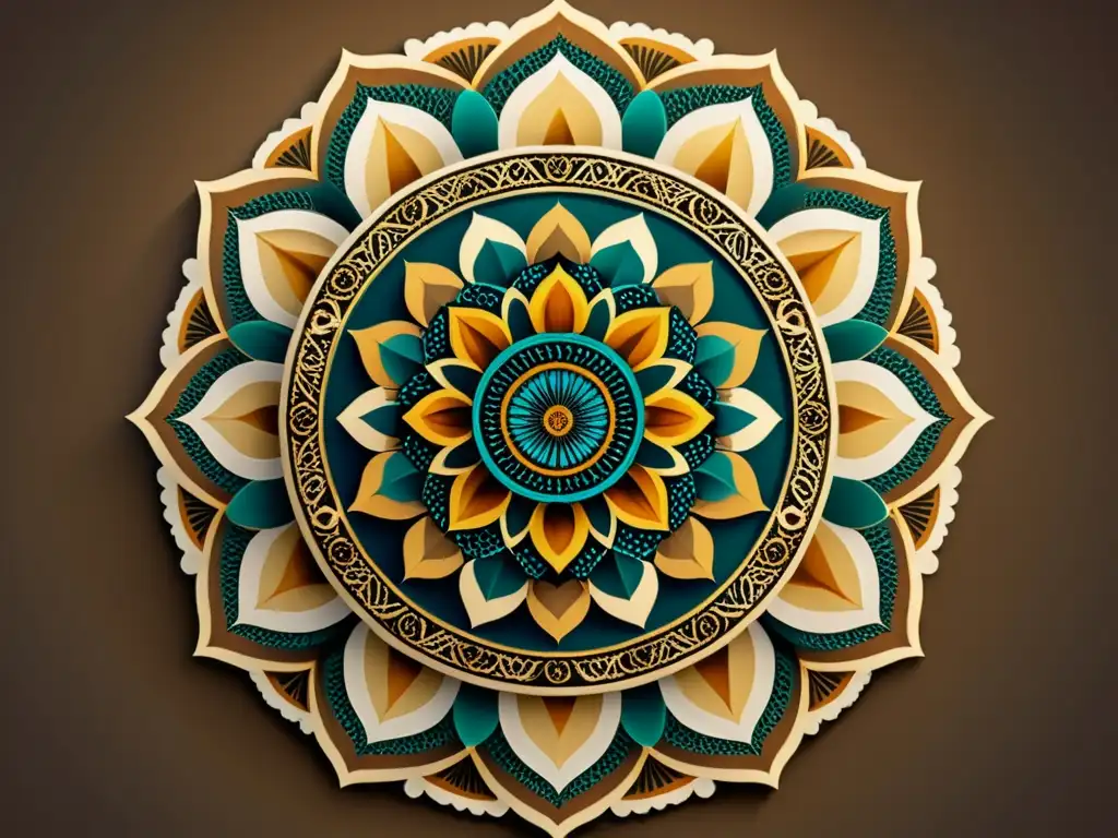 Diseño de mandalas espirituales online: Intrincado mandala vintage en tonos terrosos con patrones geométricos y elementos florales delicados