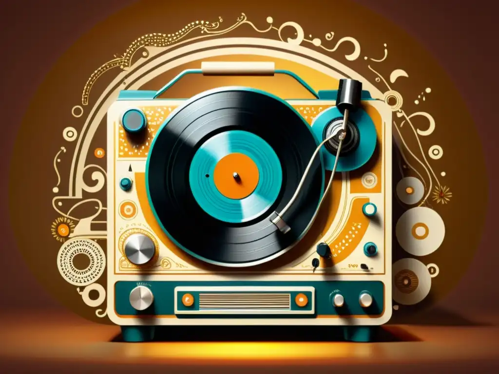 Diseño de estampados para música: Ilustración detallada de un tocadiscos retro con patrones intrincados y notas musicales emanando del vinilo giratorio, en tonos cálidos y nostálgicos