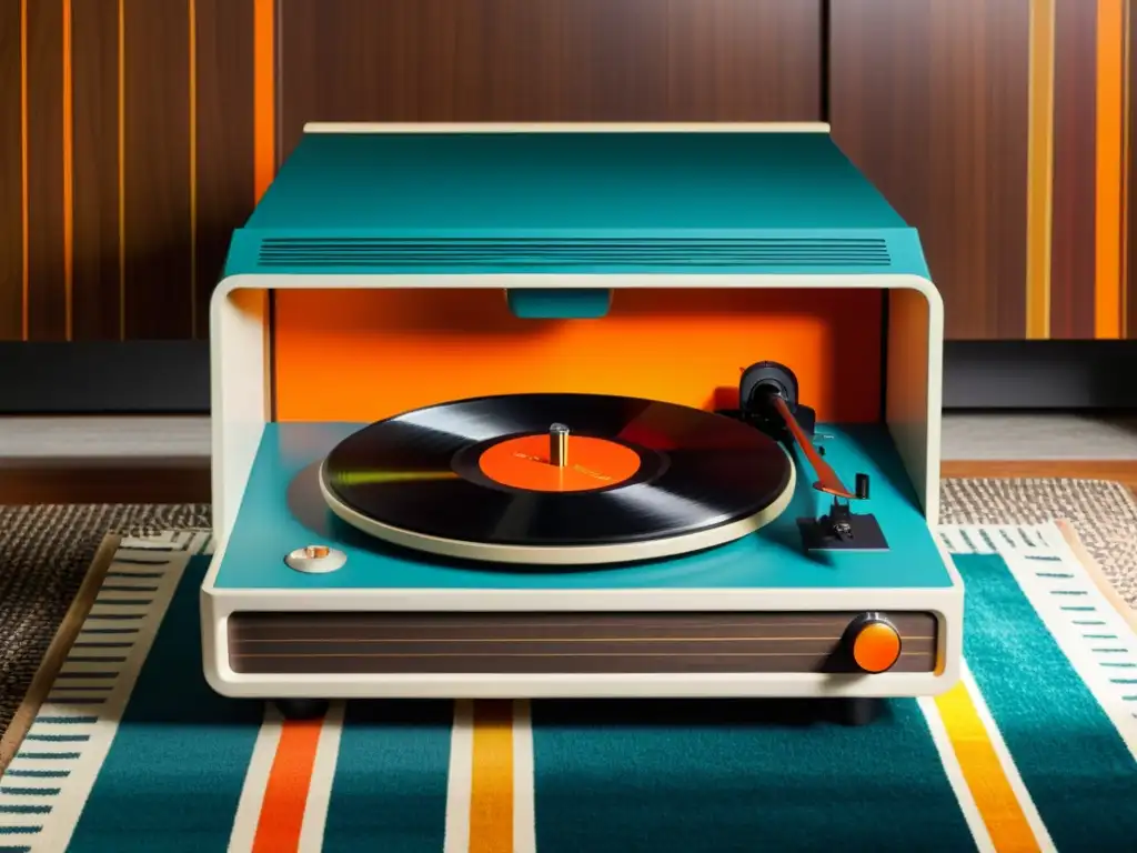 Diseño de estampados para música: ambiente retro con tocadiscos vintage, vinilos y muebles de estilo midcentury