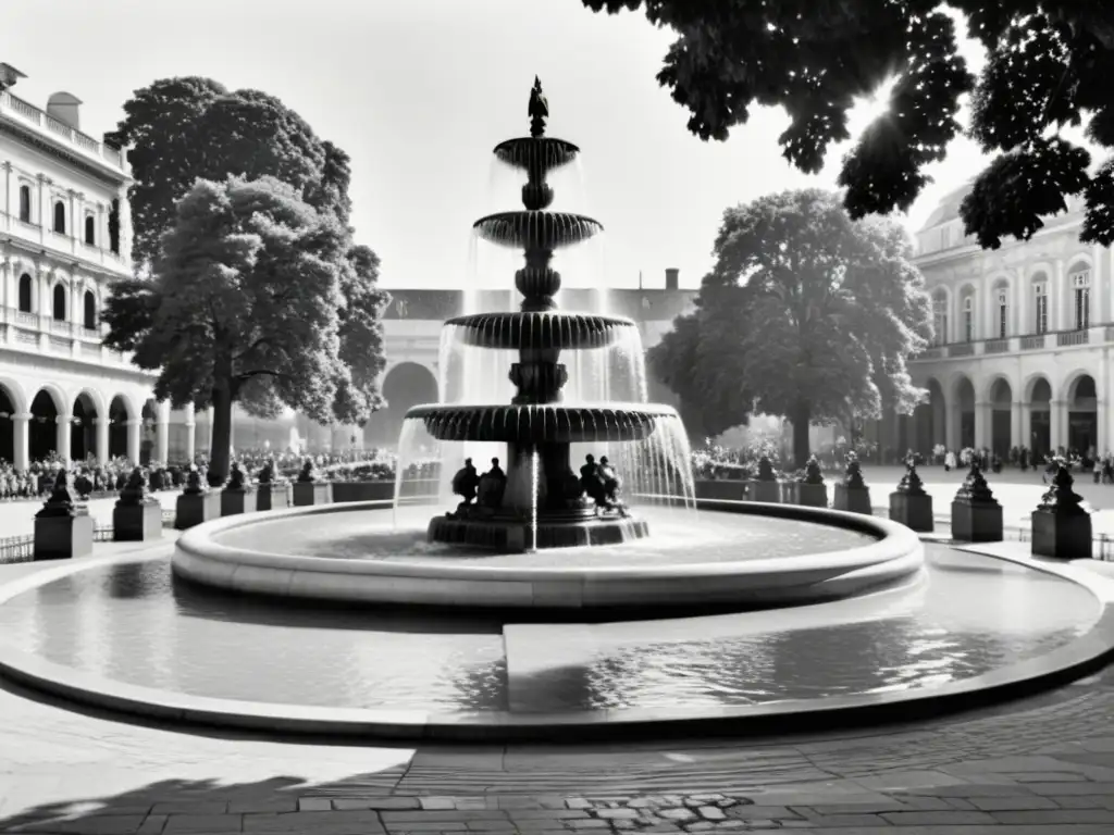 Diseño de fuentes y espejos de agua: Fotografía vintage de majestuosa fuente europea rodeada de detalles arquitectónicos y estatuas