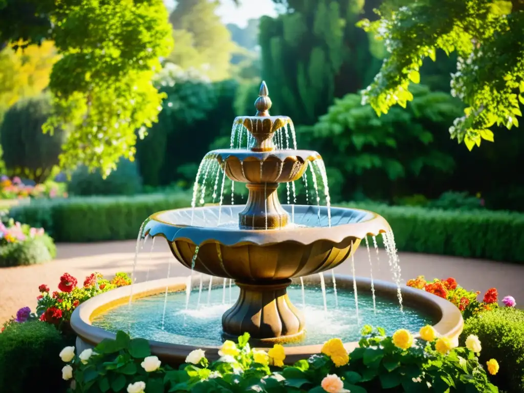 Diseño de fuentes y espejos de agua en un entorno Barroco rodeado de exuberante vegetación y flores coloridas