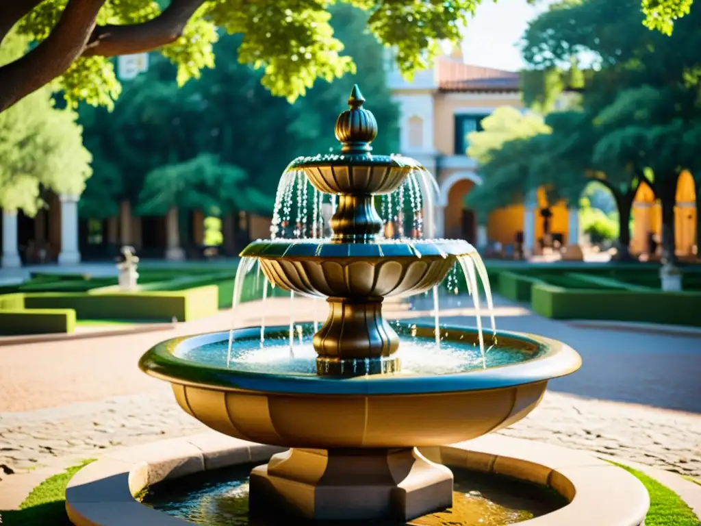 Diseño de fuentes y espejos de agua en una plaza histórica con arquitectura clásica, dappled sombras y una atmósfera serena