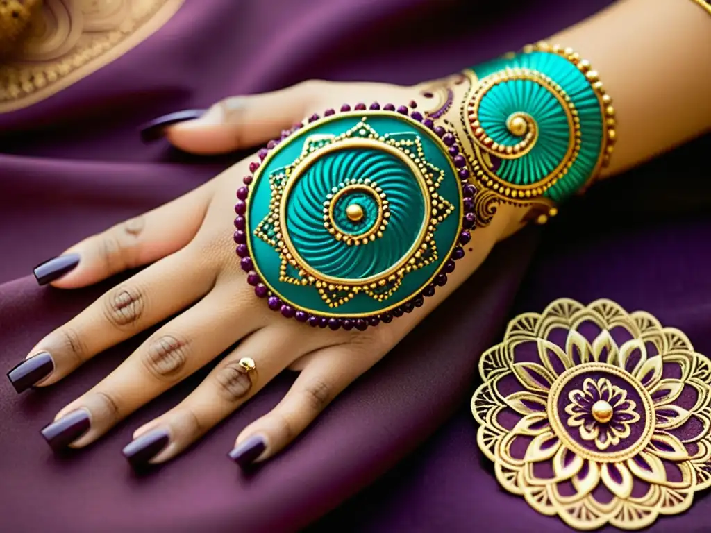 Diseño de henna vintage con toque contemporáneo en colores modernos Un diseño de henna contemporáneo con patrones intrincados en colores modernos, sobre un fondo sepia cálido