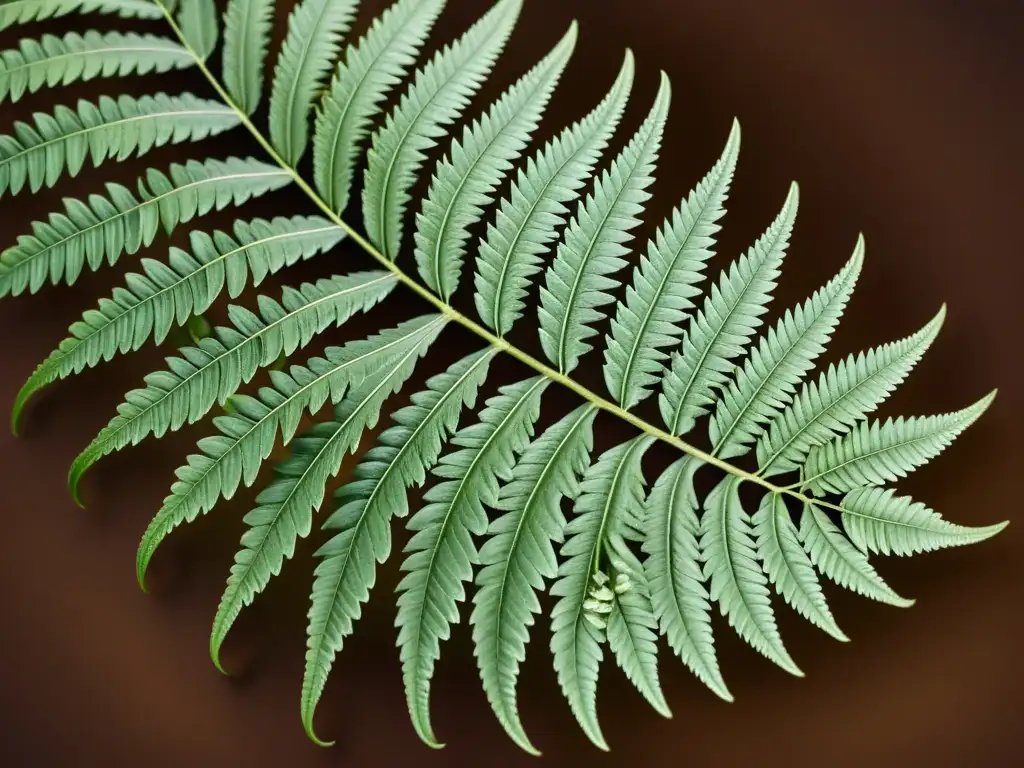 Diseño de patrón inspirado en la naturaleza: ilustración vintage de una delicada hoja de helecho con detalles intrincados en tonos terrosos