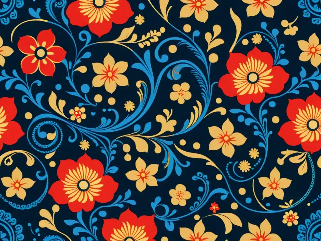 Diseño inspirado en patrones rusos: Ilustración vintage de motivos florales en colores vibrantes sobre fondo oscuro, evocando elegancia y riqueza cultural