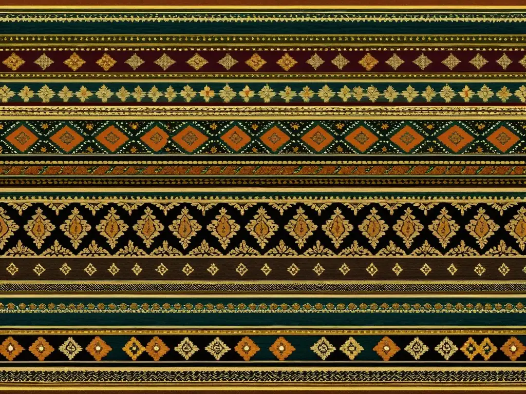 Patrón textil vintage: detalles y colores vibrantes Diseño de interfaces con patrones tradicionales: Detalle de un tejido vintage con motivos florales, paisley y formas geométricas en tonos cálidos y desgaste antiguo