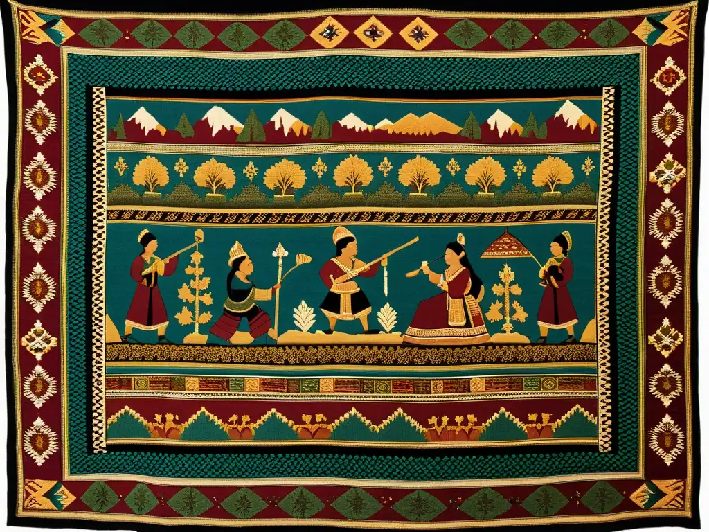 Tapestry antiguo con ricos tonos terrosos y patrones tradicionales Diseño de interfaces con patrones tradicionales: una intrincada tapicería vintage con tonos terrosos, figuras tradicionales y paisajes exuberantes