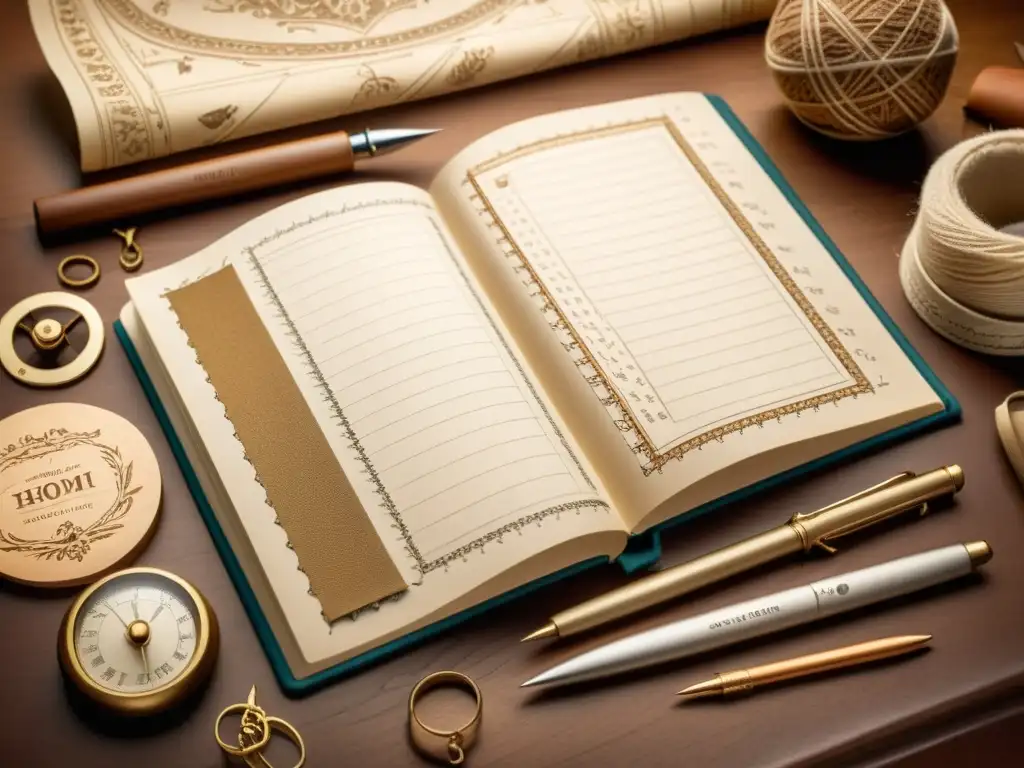 Libro de patrones vintage con herramientas de diseño Diseño de interfaces con patrones tradicionales: Libro de diseños vintage en escritorio de madera con herramientas de dibujo y muestras de tela