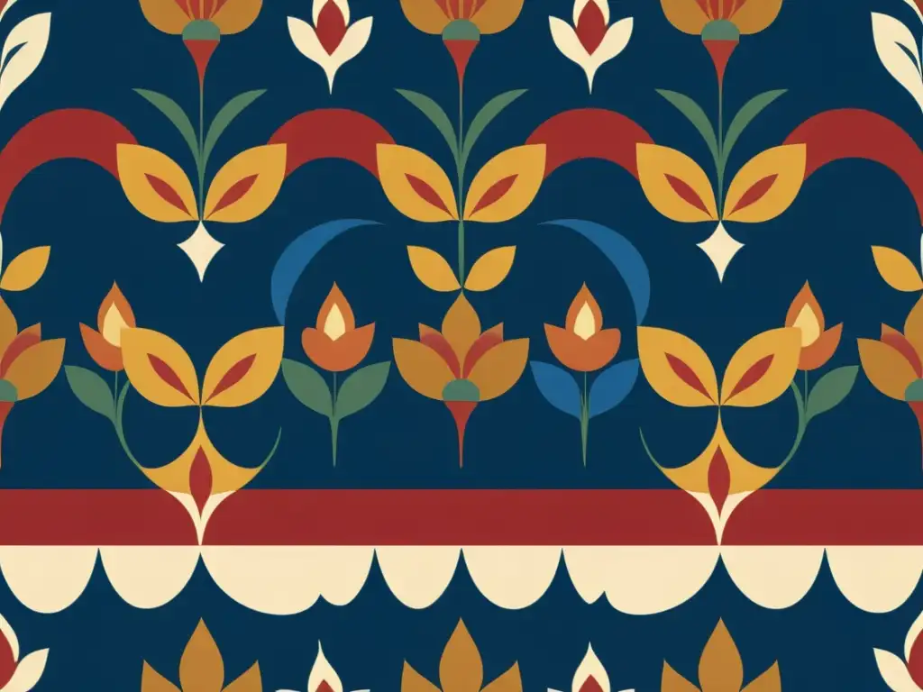 Un diseño de patrón vintage con motivos florales detallados de diversas culturas, en tonos tierra, rojos vibrantes y azules profundos